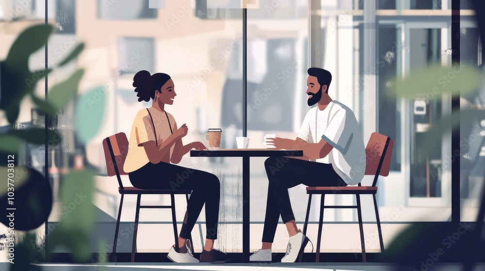 A contented, multicultural couple conversing over a cup of coffee at a table at a cafe. café, leisure time, and urban idea. A contented, multicultural couple conversing over a cup of coffee at a table at a cafe. café, leisure time, and urban idea.