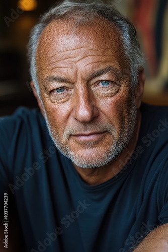 Portrait of a Mature Man with Short Gray Hair in a Black Shirt Looking at Camera