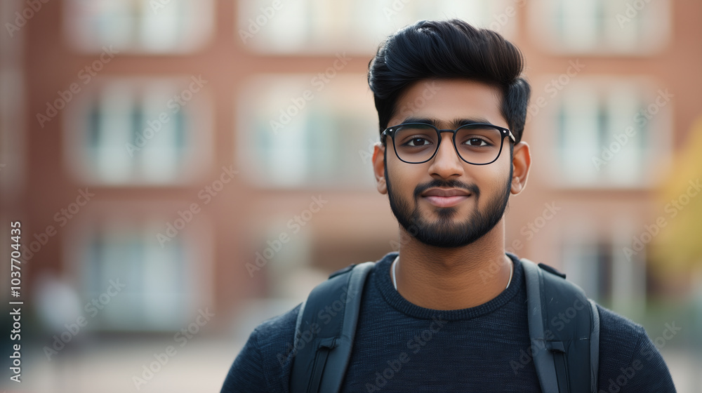 Obraz premium young Indian man with glasses and backpack stands confidently outdoors, showcasing friendly smile against blurred background of school or university building.