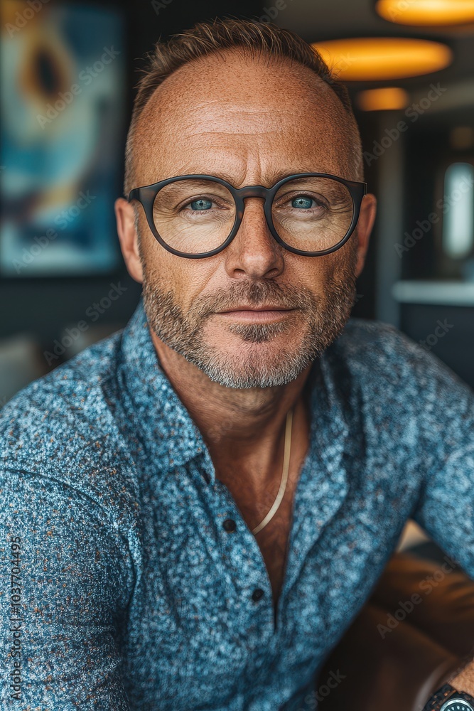 Portrait of a middle-aged man with glasses and light stubble in a blue shirt Portrait of a middle-aged man with glasses and light stubble in a blue shirt