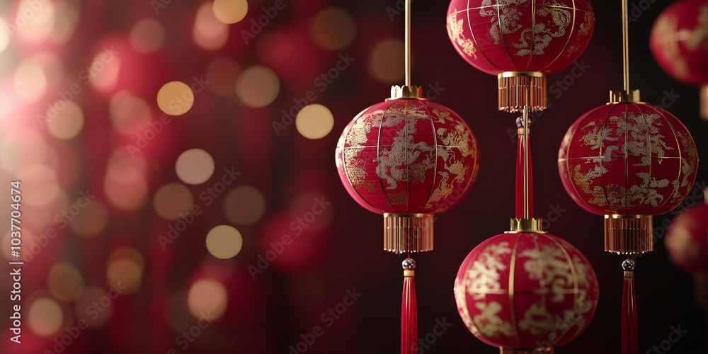 Elegant red and gold lanterns with intricate patterns, symbolizing prosperity and joy for Lunar New Year celebrations, with a festive bokeh background. Elegant red and gold lanterns with intricate patterns, symbolizing prosperity and joy for Lunar New Year celebrations, with a festive bokeh background.
