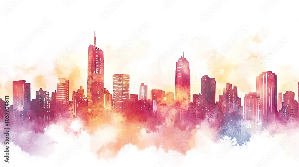 A misty skyline view of a vibrant city at dawn, highlighting tall buildings and urban landscape against a cloudy sky A misty skyline view of a vibrant city at dawn, highlighting tall buildings and urban landscape against a cloudy sky