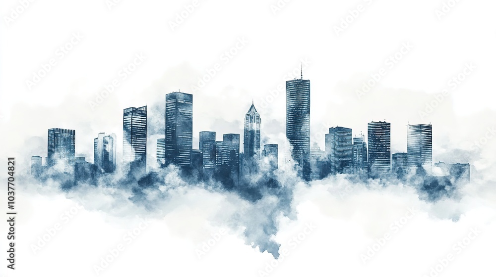 Naklejka premium A misty skyline view of a vibrant city at dawn, highlighting tall buildings and urban landscape against a cloudy sky