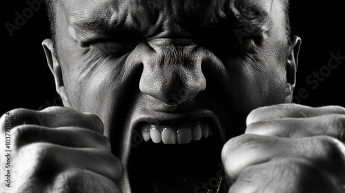 Unleashed emotion: deep expression of raw anger, capturing intensity and power of uncontrolled rage, reflecting turmoil and inner conflict that arises from frustration, unresolved tension.