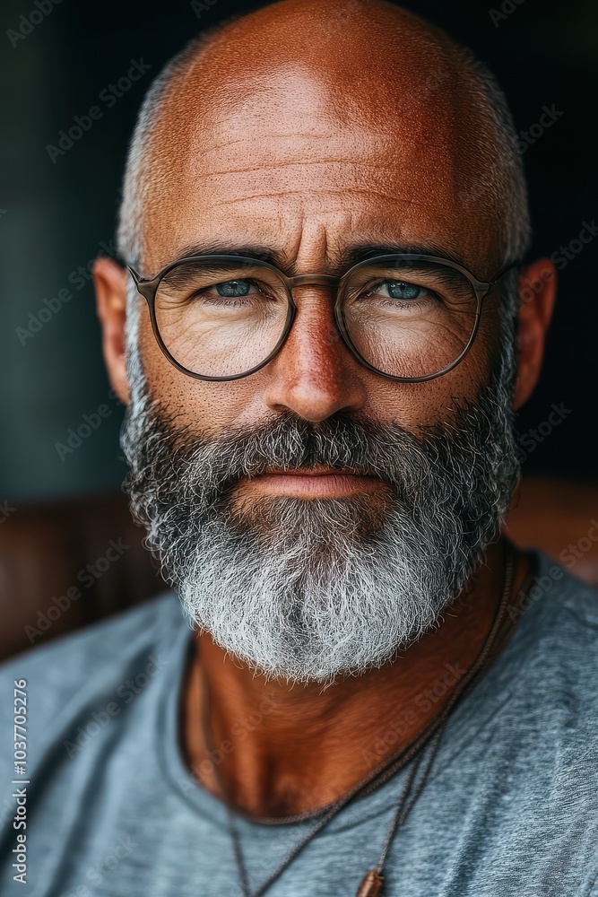 Portrait of a mature bald man with a white beard wearing glasses Portrait of a mature bald man with a white beard wearing glasses