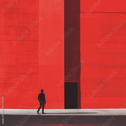 A person looks at a massive red wall with shadows, suggesting solitude and the impact of modern architecture.