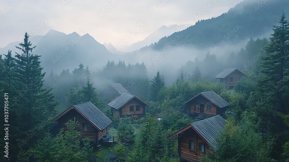Foggy mountain village rustic wooden cabins nestled in the trees mist rolling over the peaks soft morning light Camera aerial view wide angle ethereal calm atmosphere Foggy mountain village rustic wooden cabins nestled in the trees mist rolling over the peaks soft morning light Camera aerial view wide angle ethereal calm atmosphere
