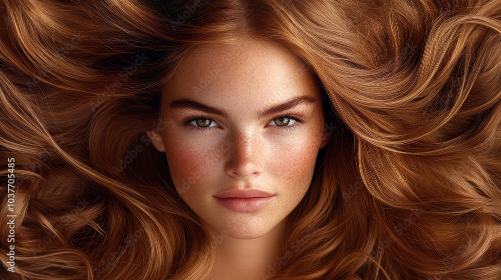 Obraz premium Portrait of a young woman with freckles and long flowing red hair