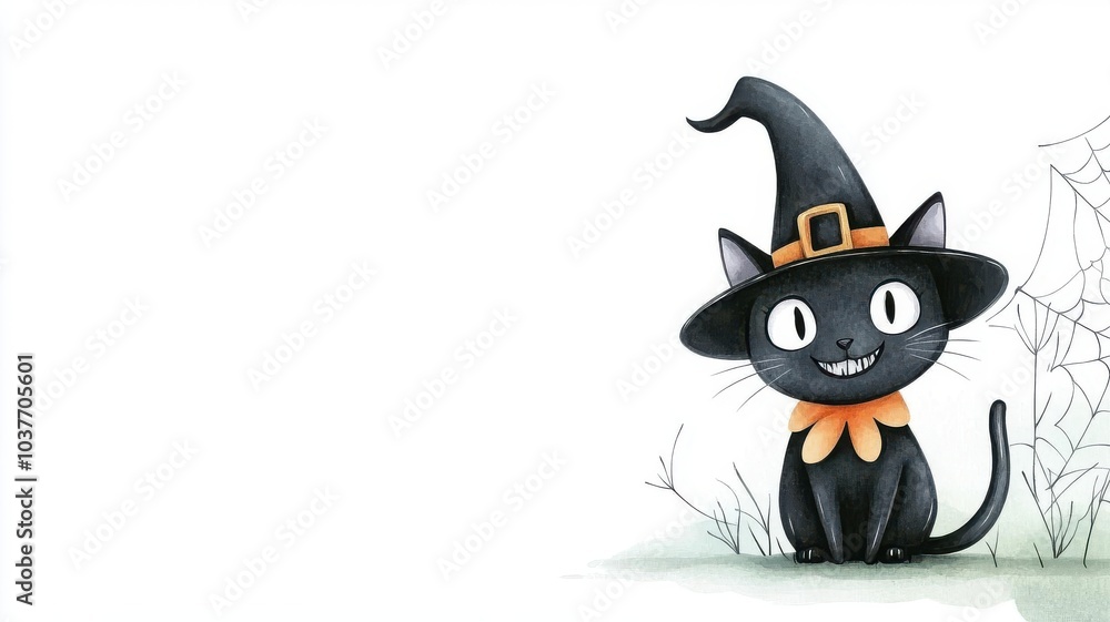 Fototapeta premium Black cat in a witch costume, eerie grin, cobweb background, watercolor style