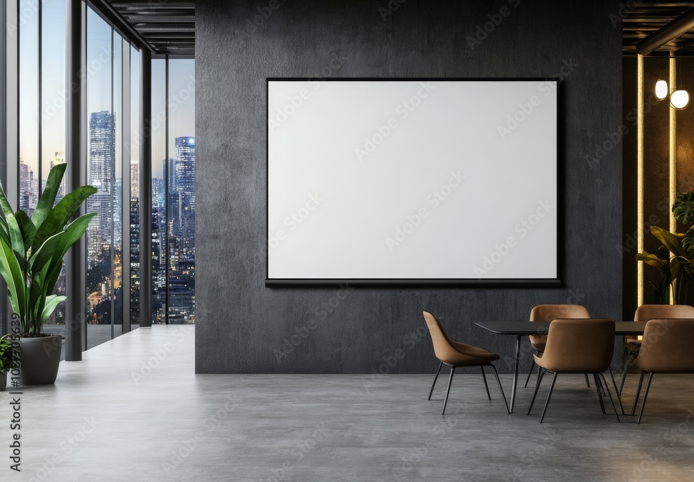Modern office interior with large blank canvas for creative ideas and urban cityscape view Modern office interior with large blank canvas for creative ideas and urban cityscape view
