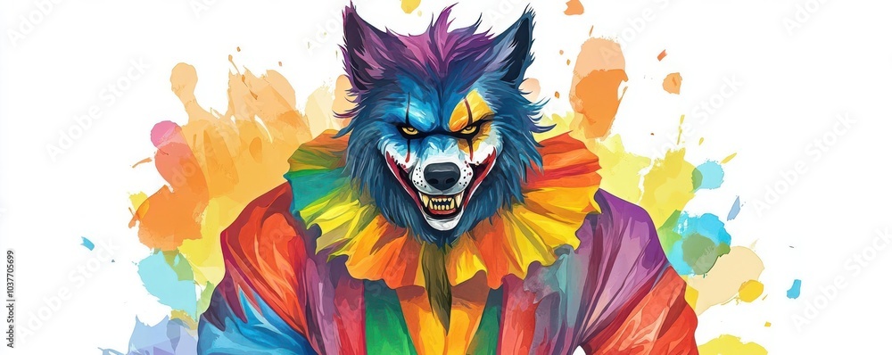 Playful werewolf in clown costume, haunted carnival, watercolor style Playful werewolf in clown costume, haunted carnival, watercolor style