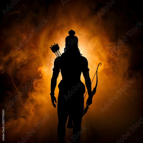 silhouette of lord rama with bow and arrow, standing in a glowing orange halo with smoky background, representing hindu mythology and divine power photo