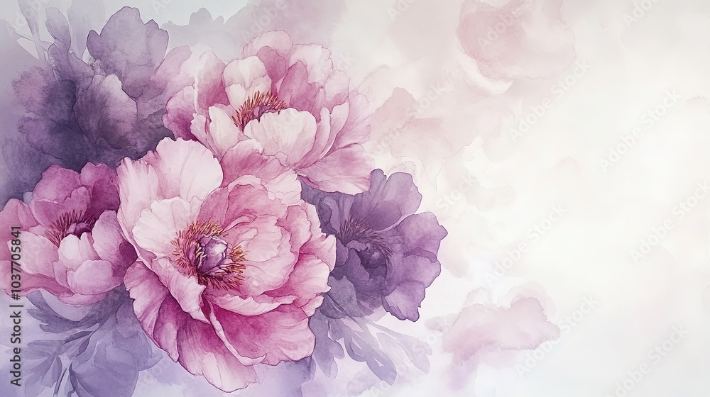 Beautiful arrangement of soft pink and purple peonies with delicate petals, showcasing floral elegance on a light background Beautiful arrangement of soft pink and purple peonies with delicate petals, showcasing floral elegance on a light background