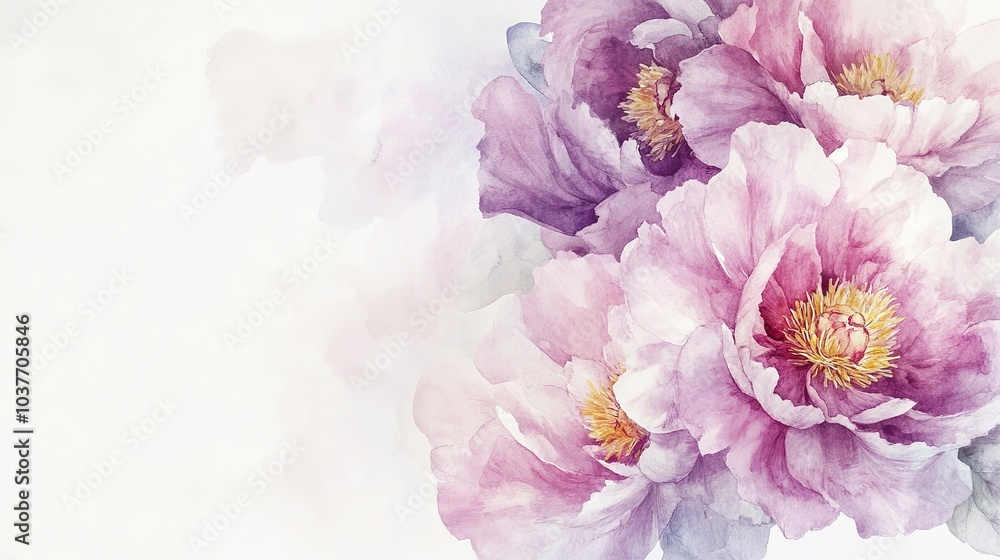 Fototapeta premium Beautiful arrangement of soft pink and purple peonies with delicate petals, showcasing floral elegance on a light background