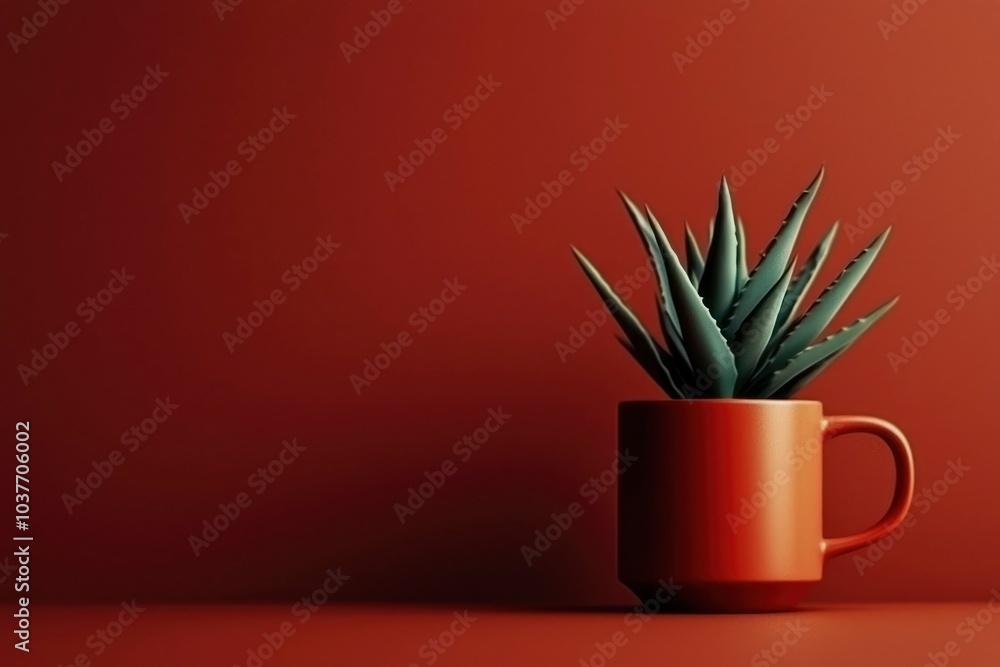 Single Green Succulent Plant in a Red Mug on a Red Background Single Green Succulent Plant in a Red Mug on a Red Background