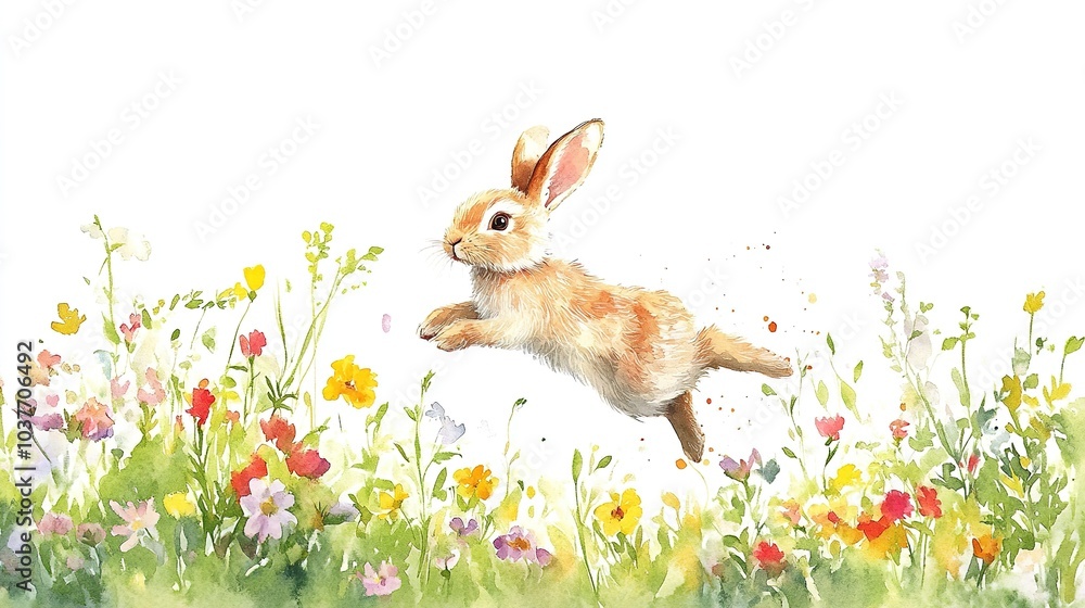 A brown rabbit joyfully hops among vibrant wildflowers on a sunny day in a lush meadow A brown rabbit joyfully hops among vibrant wildflowers on a sunny day in a lush meadow