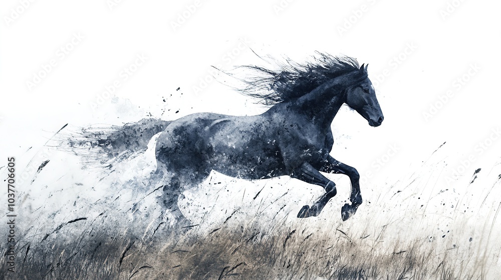 Fototapeta premium A majestic brown horse gallops gracefully across a golden field during a sunny day, showcasing its power and beauty