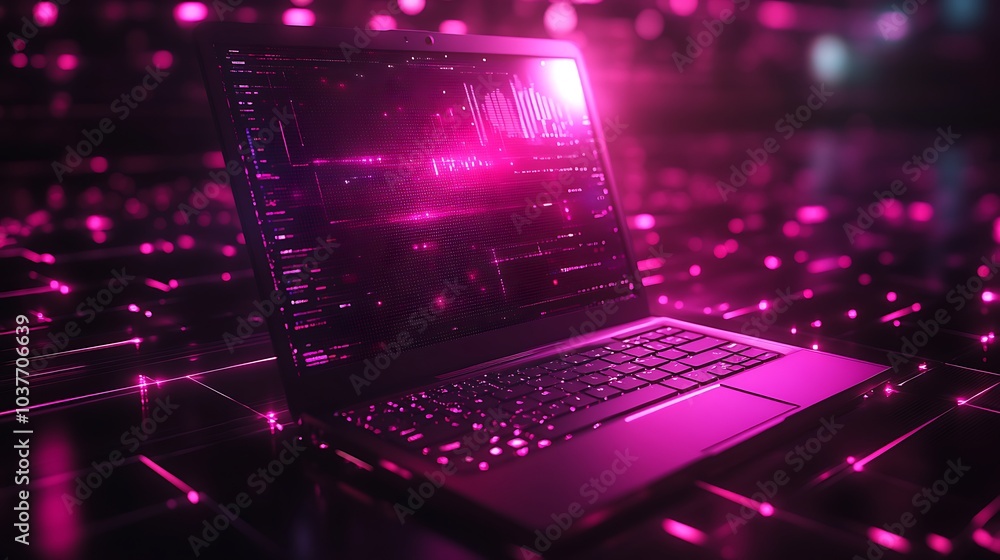 A high-end gaming laptop on a cool futuristic tech-themed background with ample copy space A high-end gaming laptop on a cool futuristic tech-themed background with ample copy space