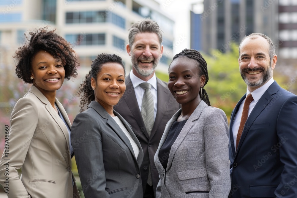 Portrait of smiling diverse businesspeople standing in front of office building Portrait of smiling diverse businesspeople standing in front of office building