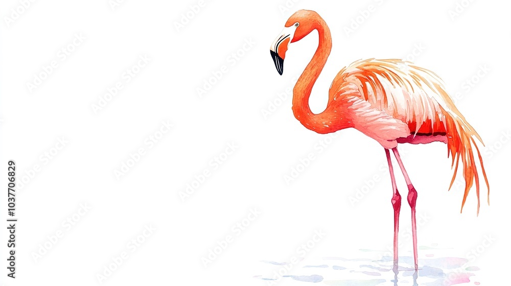 Obraz premium A vibrant pink flamingo standing gracefully in a lush tropical setting surrounded by greenery and tropical plants