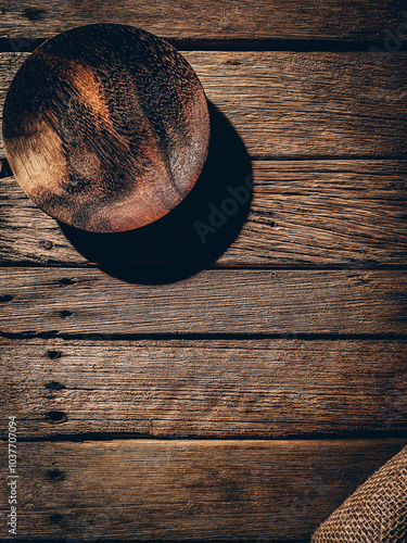 A picture of wooden panels arranged together is an old wooden table and a small round brown wooden tray on it with space for text.