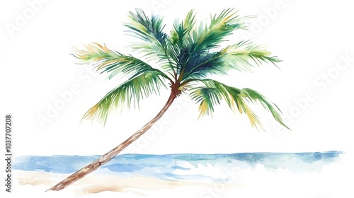 A tranquil beach landscape featuring a palm tree swaying gently by the shoreline under a clear blue sky at sunset