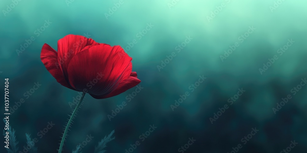 Obraz premium Vibrant red poppy flower with an empty bud casing in front of a softly blurred green field Closeup view with selective focus