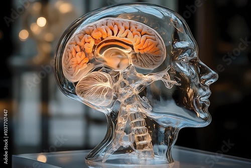 Scientists and physicians are studying the brain. On the table is a head made of prosignal material and in it like a light bulb the brain burns. A profile of a man.