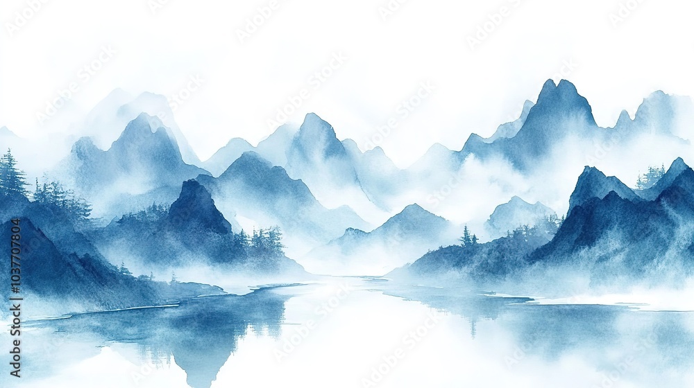 A serene watercolor landscape featuring soft blue mountains and a warm sunset blend, evoking calmness in natural beauty A serene watercolor landscape featuring soft blue mountains and a warm sunset blend, evoking calmness in natural beauty