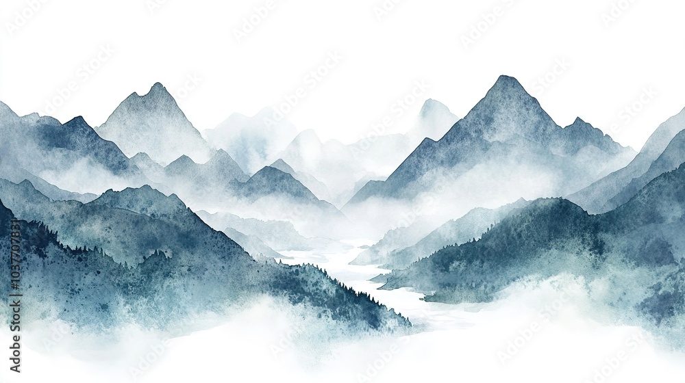 A serene watercolor landscape featuring soft blue mountains and a warm sunset blend, evoking calmness in natural beauty A serene watercolor landscape featuring soft blue mountains and a warm sunset blend, evoking calmness in natural beauty