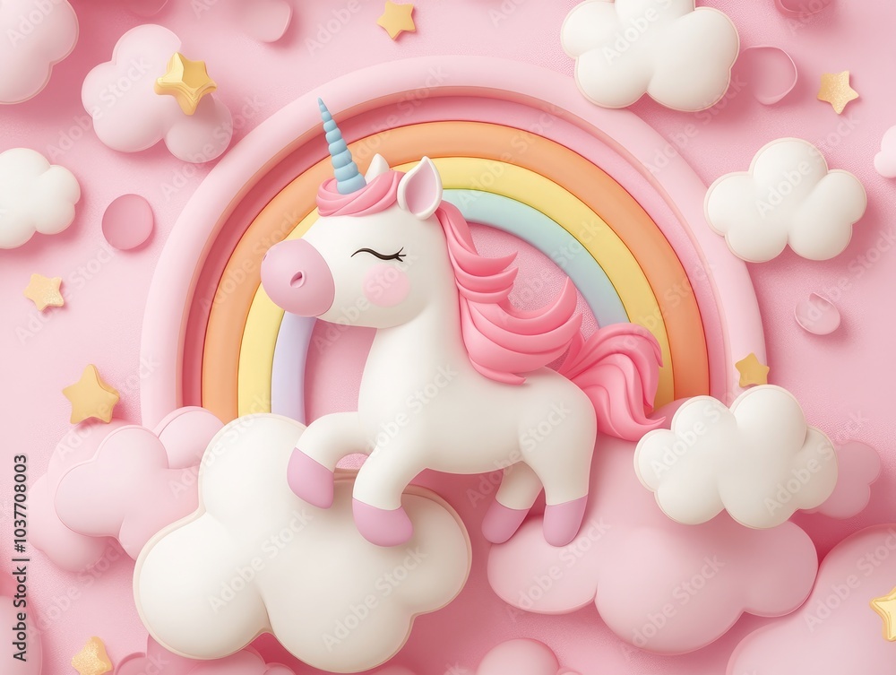 3D style vector illustration of a unicorn and rainbow framed cutely against a pink cloud pattern background 3D style vector illustration of a unicorn and rainbow framed cutely against a pink cloud pattern background