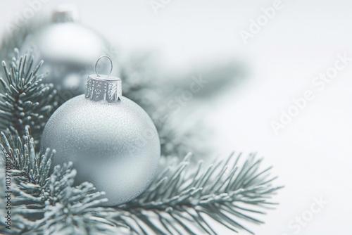 Minimalist Christmas Tree Decorated with Silver Balls and Fir Branches, Copy Space
