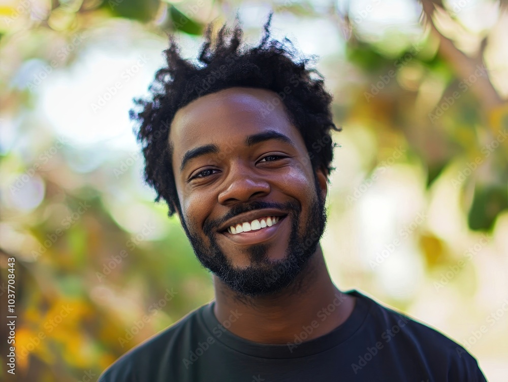 Cheerful young African American man with a beard smiles for the camera outdoors The portrait captures his positive emotions showcasing a carefree and natural vibe Cheerful young African American man with a beard smiles for the camera outdoors The portrait captures his positive emotions showcasing a carefree and natural vibe
