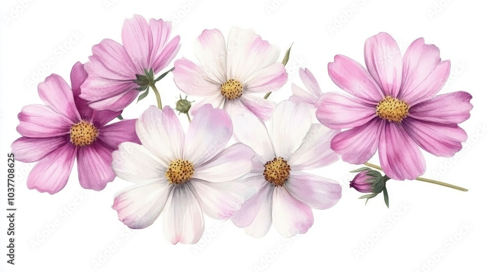 Fototapeta premium Bouquet of pink and white cosmos flowers Isolated hand painted watercolor illustration of aster Floral design suitable for wedding invitations greeting cards textiles and wrapping paper