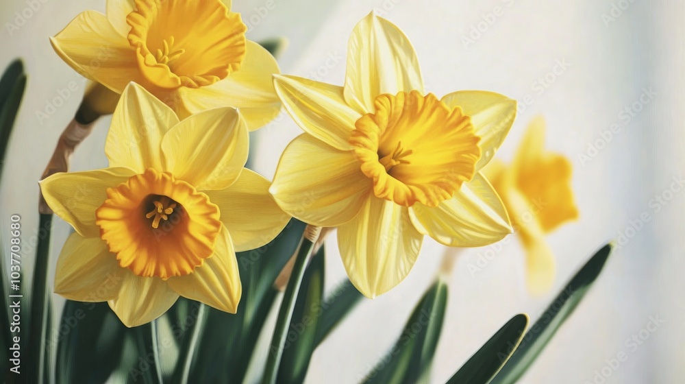 Oil painting featuring vibrant yellow daffodils on a white backdrop emphasizing the beauty of the flowers in a close up view Oil painting featuring vibrant yellow daffodils on a white backdrop emphasizing the beauty of the flowers in a close up view