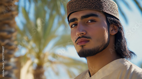 Arabian man wearing traditional uyghur ethnic cloth at desert with palm tree photo