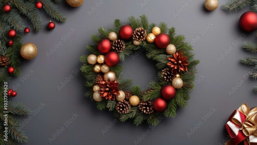Top view to rich decorated Christmas festive wreath Top view to rich decorated Christmas festive wreath