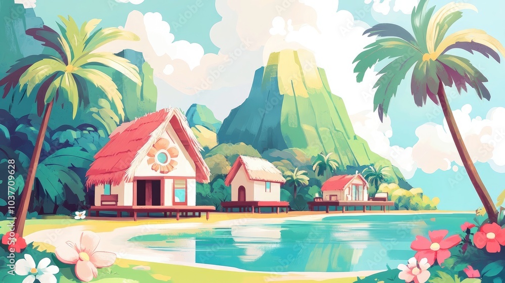 Naklejka premium Polynesian Coastal Scene Palm Trees and Small Waterfront Homes