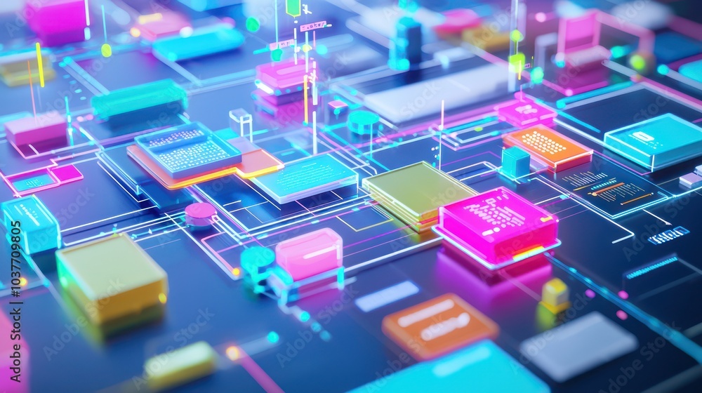 Dynamic management flow chart in a digital lab, showcasing colorful, interconnected processes and innovative data handling. Dynamic management flow chart in a digital lab, showcasing colorful, interconnected processes and innovative data handling.
