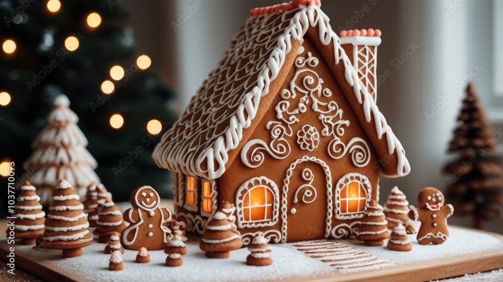 Magic Christmas market with handmade gingverbread houses and trees. Night sky with stars and huge moon on background. Magic Christmas market with handmade gingverbread houses and trees. Night sky with stars and huge moon on background.