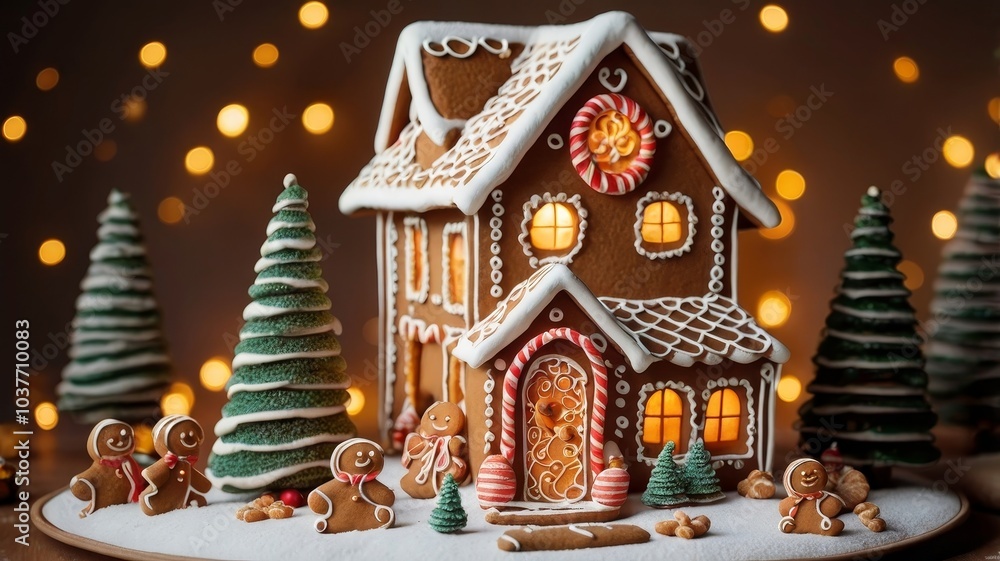 Fototapeta premium Magic Christmas market with handmade gingverbread houses and trees. Night sky with stars and huge moon on background.