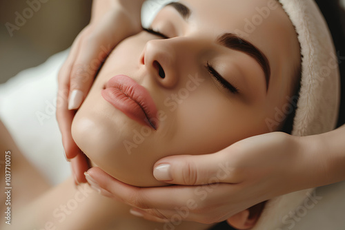  woman getting a face mask treatment with cream at a spa salon. A beautician is doing a facial skin care for a young girl lying on a massage table at a beauty center while holding a bowl and brush