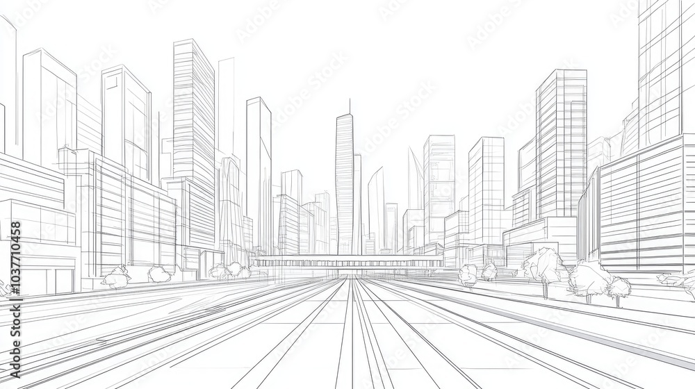 Fototapeta premium Line art illustration of a low polygon cityscape featuring geometric buildings a tall structure and pathways including rivers and roads