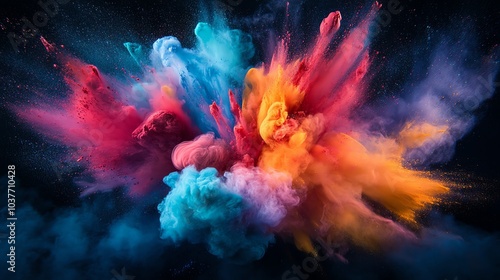 Colorful explosion of powder on a dark background.