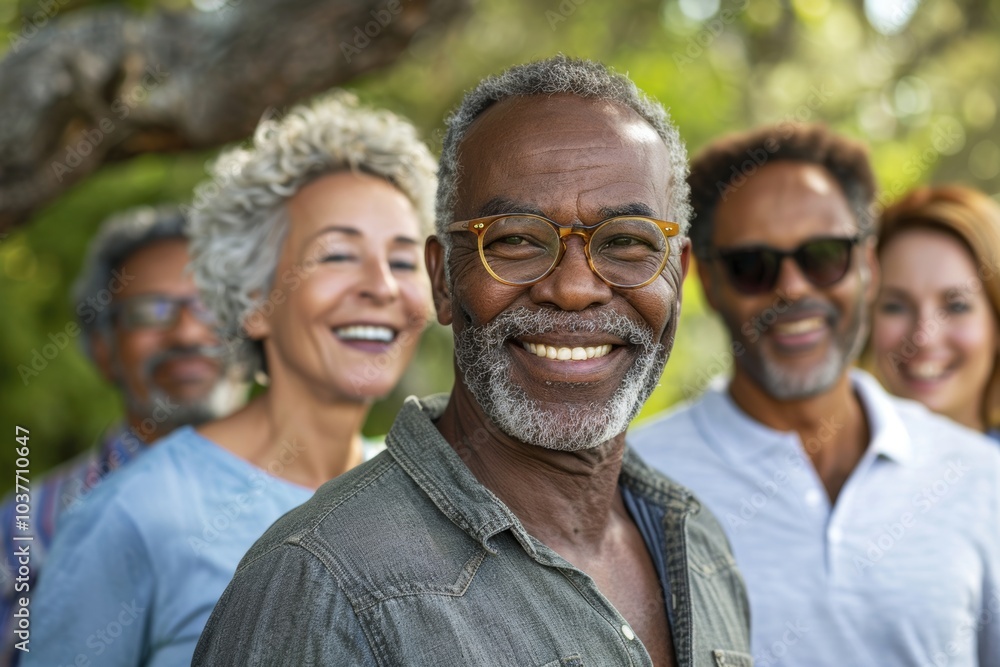 Group of diverse senior people standing together in a park smiling at the camera Group of diverse senior people standing together in a park smiling at the camera