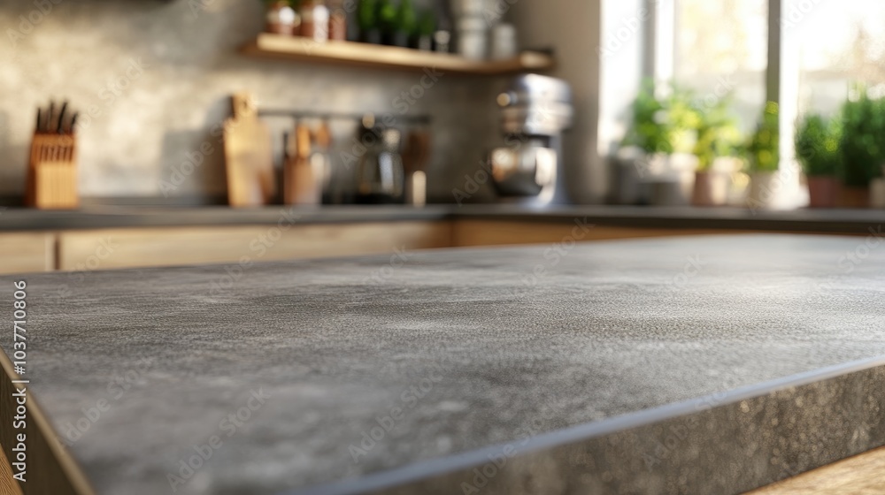3D rendering of a kitchen countertop with a blurred background designed for product display and advertising 3D rendering of a kitchen countertop with a blurred background designed for product display and advertising