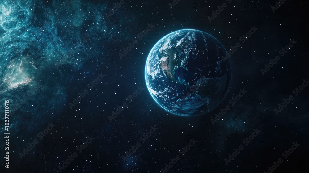 3D cartoon depiction of Earth in space featuring a galaxy nebula and stars Blue planet suitable for wallpaper 3D cartoon depiction of Earth in space featuring a galaxy nebula and stars Blue planet suitable for wallpaper