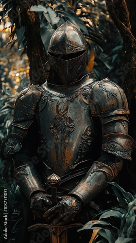 Dark Knight in Armor with Sword in Forest