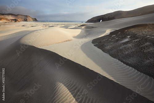 Endless waves of golden sand beneath the desert sun. Nature's masterpiece carved by wind and time. Patitos Beach Huarmey Peru photo