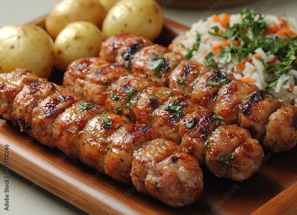 Close-up of grilled meat skewers with rice and potatoes on wooden board. Close-up of grilled meat skewers with rice and potatoes on wooden board.